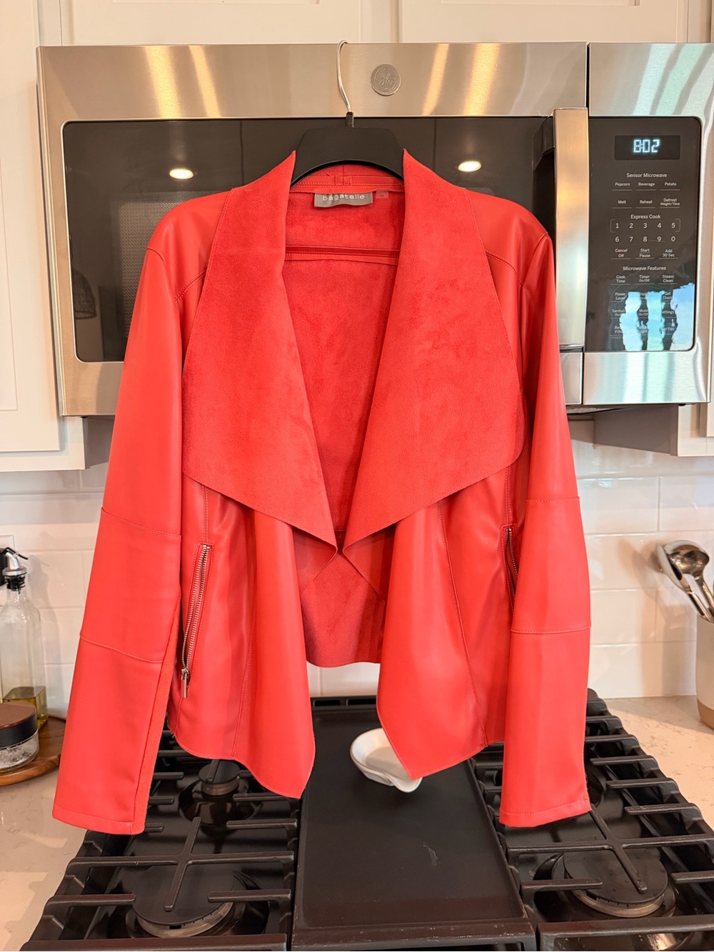 Bagatelle Red Draped Open-Front Leather Jacket